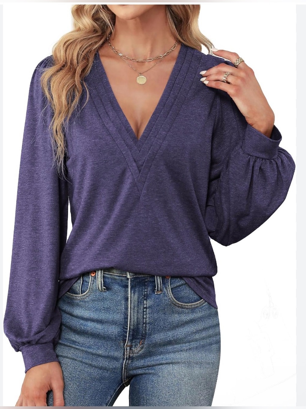 Agnes Urban Pleated Deep V-Neck Heather Purple Bishop Sleeve Top L
